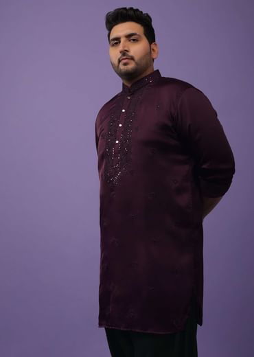 Burgundy Purple Lucknowi Embroidered Kurta In Mini Silk