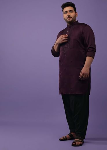 Burgundy Purple Lucknowi Embroidered Kurta In Mini Silk