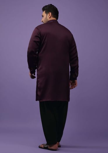 Burgundy Purple Lucknowi Embroidered Kurta In Mini Silk