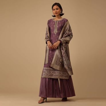 Burgundy Purple Silk Kurti And Chiffon Sharara Set With Brocade