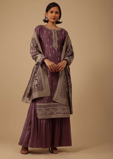 Burgundy Purple Silk Kurti And Chiffon Sharara Set With Brocade