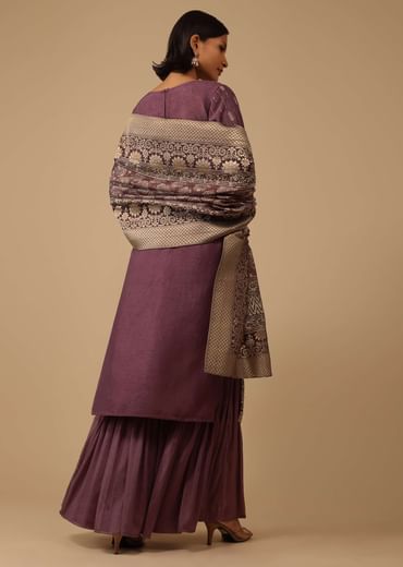 Burgundy Purple Silk Kurti And Chiffon Sharara Set With Brocade