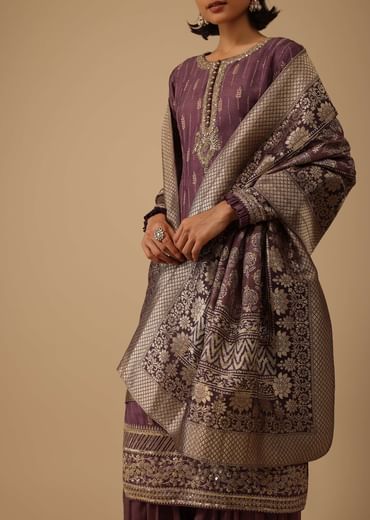 Burgundy Purple Silk Kurti And Chiffon Sharara Set With Brocade