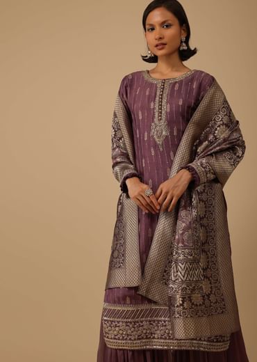 Burgundy Purple Silk Kurti And Chiffon Sharara Set With Brocade