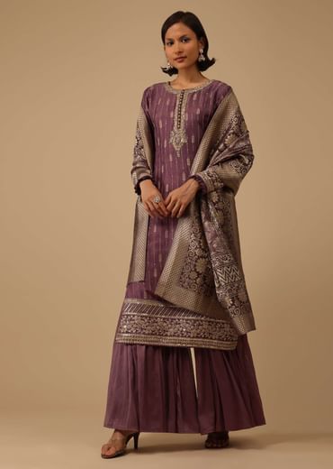 Burgundy Purple Silk Kurti And Chiffon Sharara Set With Brocade