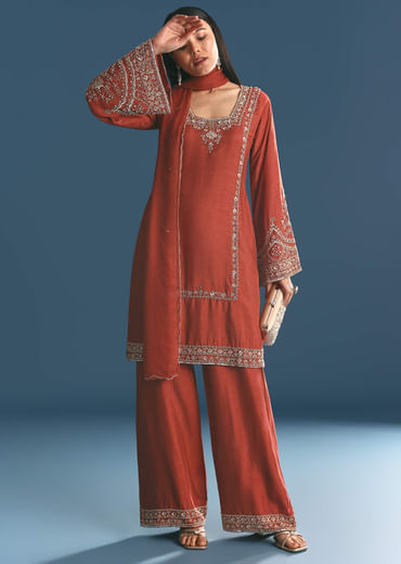 Burnt Orange Silk Sequin Beaded Kurta Set With Dupatta
