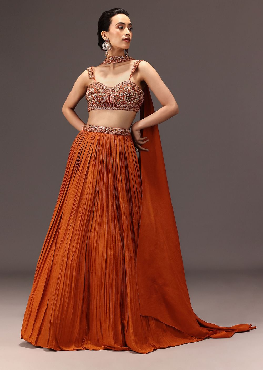 Burnt Rust Organza Hand Embellished Ruched Lehenga Set With Choker Dupatta