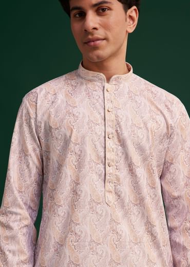 Beige Cotton Paisley Printed Kurta Set