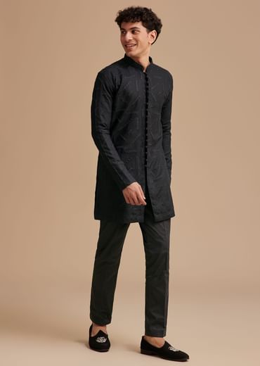 Black Cotton Textured Kurta Set