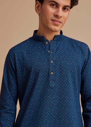Blue Cotton Denim Micro Printed Kurta Set
