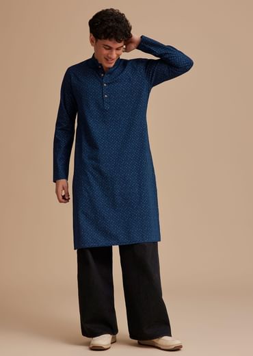 Blue Cotton Denim Micro Printed Kurta Set