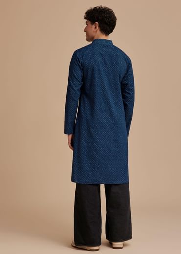 Blue Cotton Denim Micro Printed Kurta Set