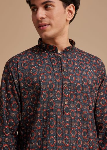 Blue Cotton Geometric Printed Kurta Set
