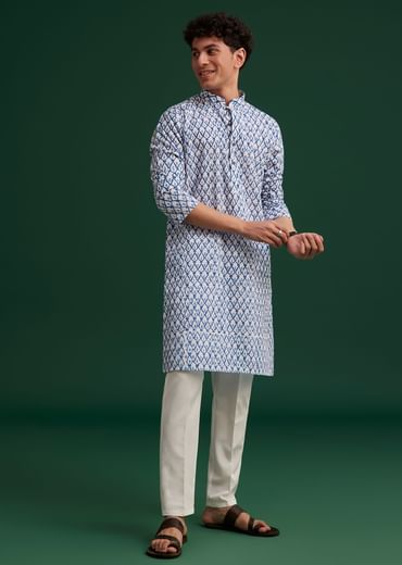 Blue Cotton Ikat Printed Kurta Set