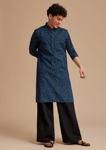 Blue Cotton Micro Printed Kurta Set