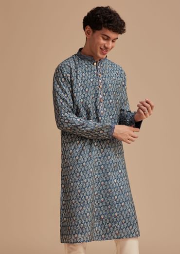 Blue Muslin Mughal Printed Kurta Set
