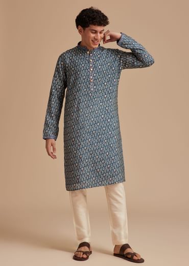 Blue Muslin Mughal Printed Kurta Set