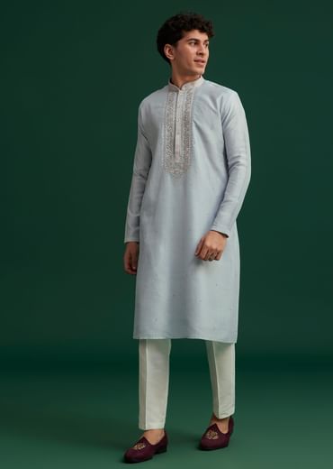 Sky Blue Silk Hand Embroidered Kurta Set