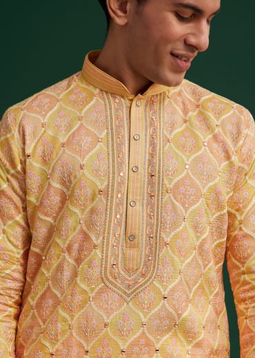Yellow Silk Embroidered Kurta