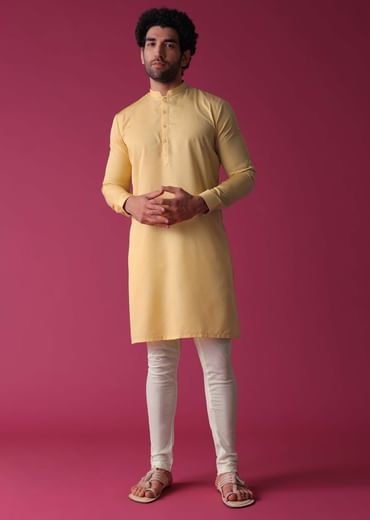 Canary Yellow Jacket Kurta Set In Art Silk With Threadwork