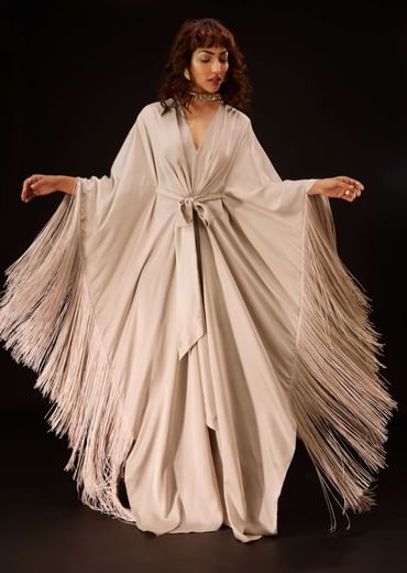 Candy Pink Embroidered Kaftan With Fringe Border And Tie-Up Bow - DEME X KALKI
