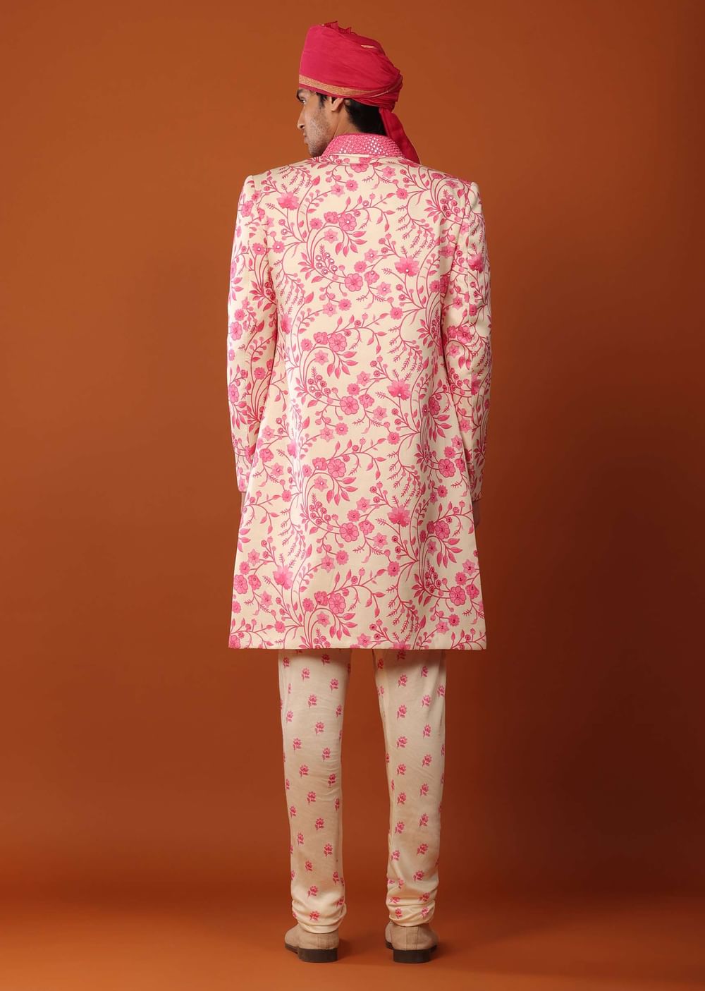 Candy Pink Sherwani Set With Open Floral Jacket