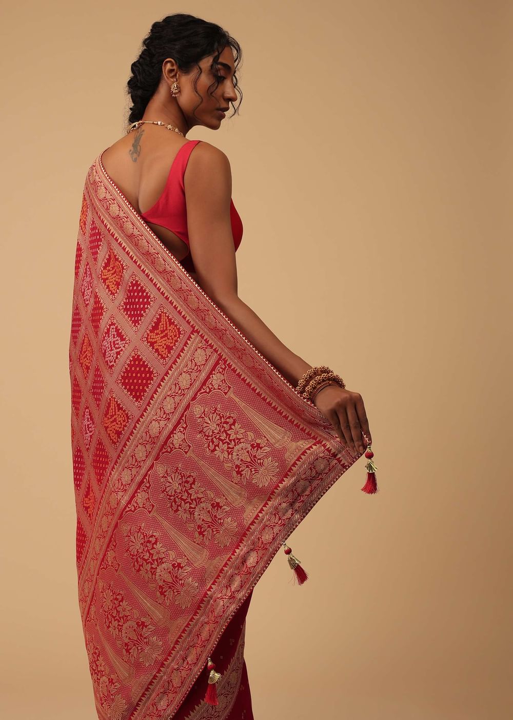Carmine Red Dola Silk Banarasi Saree With Bandhani Waeve