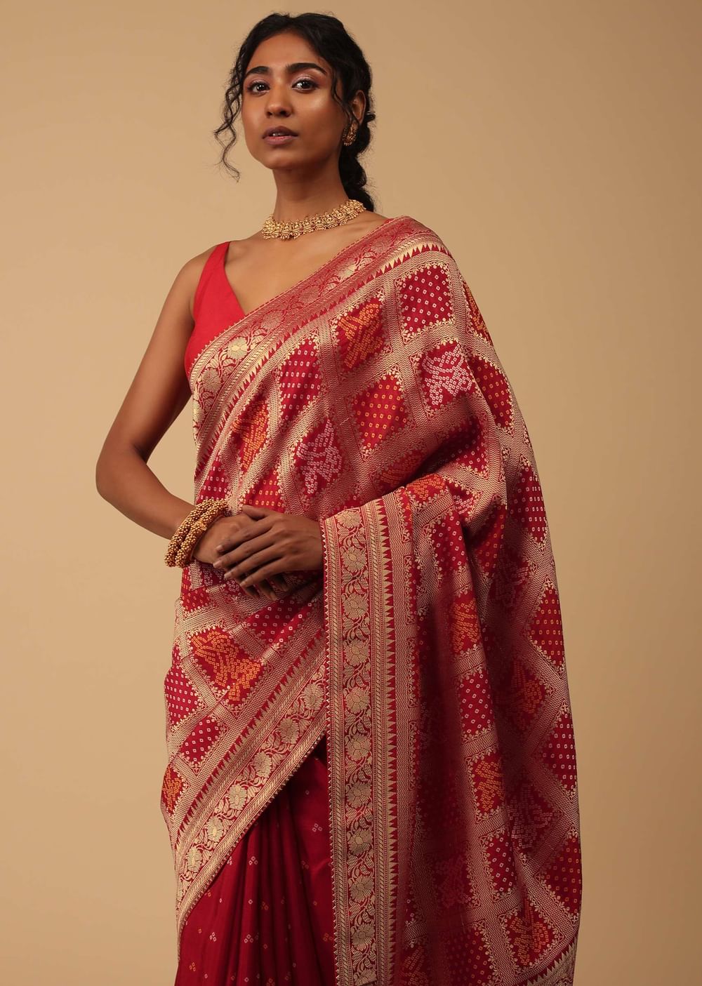 Carmine Red Dola Silk Banarasi Saree With Bandhani Waeve