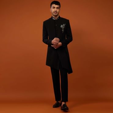 Caviar Black Indo-Western Sherwani Set Embroidered In Imported Suiting Fabric