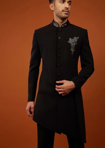 Caviar Black Indo-Western Sherwani Set Embroidered In Imported Suiting Fabric