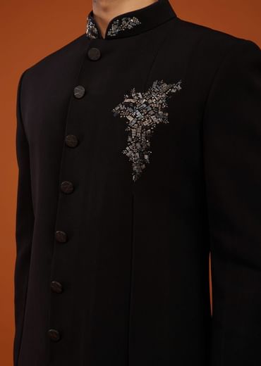Caviar Black Indo-Western Sherwani Set Embroidered In Imported Suiting Fabric