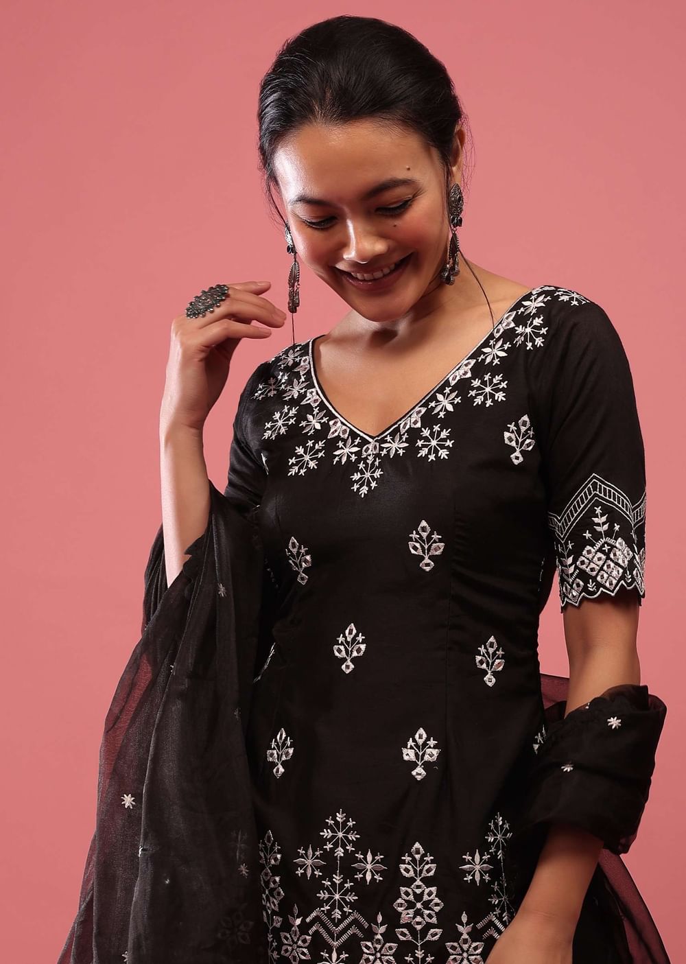 Black Lucknowi Sharara Suit In Cotton With Embroidery