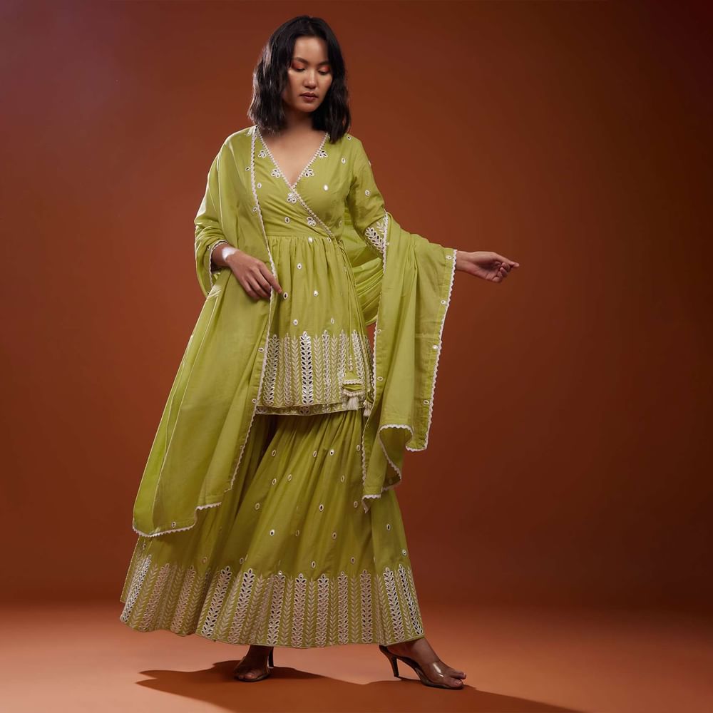 Lime Green Sharara Suit Set With Angarakha Top