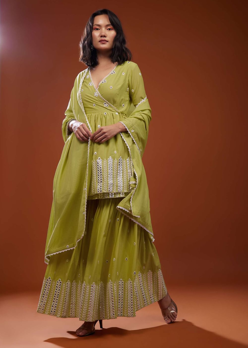 Lime Green Sharara Suit Set With Angarakha Top