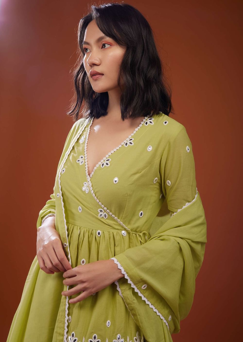 Lime Green Sharara Suit Set With Angarakha Top
