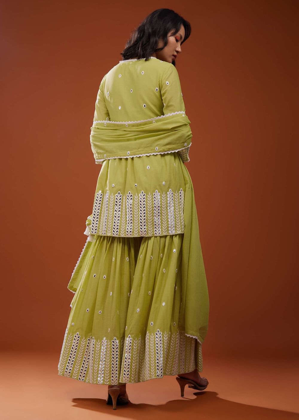 Lime Green Sharara Suit Set With Angarakha Top
