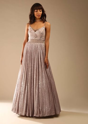 Champagne Gown Embellished In Sequins With Cut Dana Embellished Sheer Net On The Waist And Criss Cross Straps On The Neckline Online - Kalki Fashion