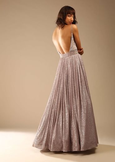 Champagne Gown Embellished In Sequins With Cut Dana Embellished Sheer Net On The Waist And Criss Cross Straps On The Neckline Online - Kalki Fashion