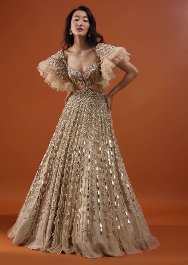 Champagne Gold Angelic Net Gown With Mirror Work And Ruffle Sleeves - NOOR 2022