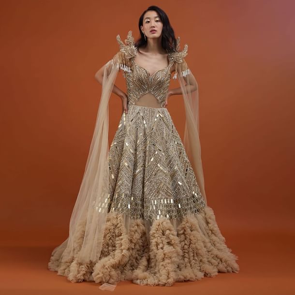 Champagne Gold Divine Net Fabricated Gown With Ruffle Frill Adornment - NOOR 2022