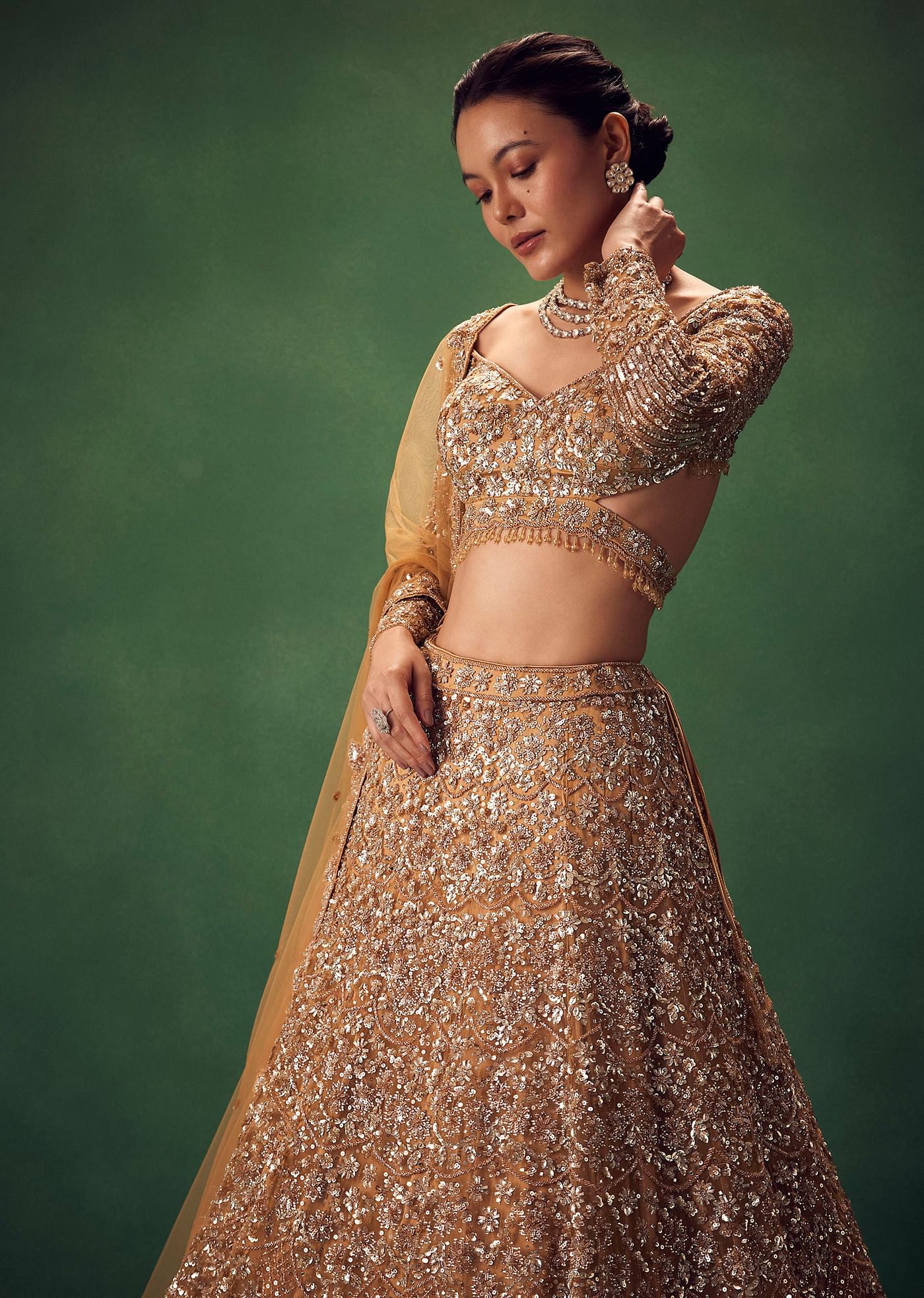 Champagne Gold Hand Embroidered Sequin Work Lehenga Set