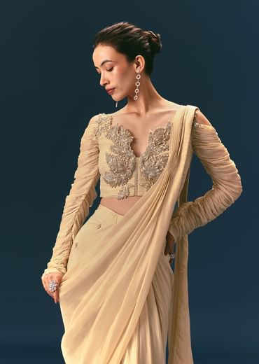 Champagne Peach Embroidered Draped Saree With 3D Applique Blouse