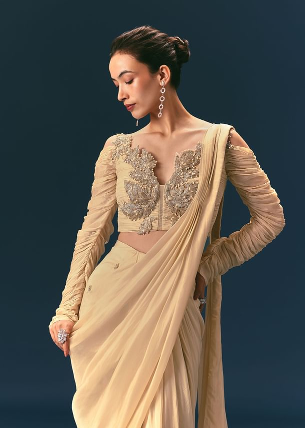 Champagne Peach Embroidered Draped Saree With 3D Applique Blouse
