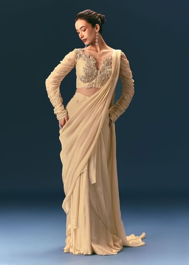 Champagne Peach Embroidered Draped Saree With 3D Applique Blouse