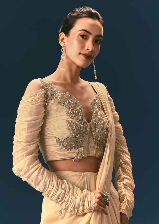 Champagne Peach Embroidered Draped Saree With 3D Applique Blouse