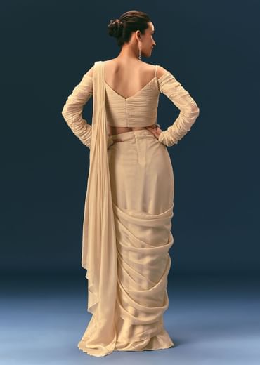 Champagne Peach Embroidered Draped Saree With 3D Applique Blouse