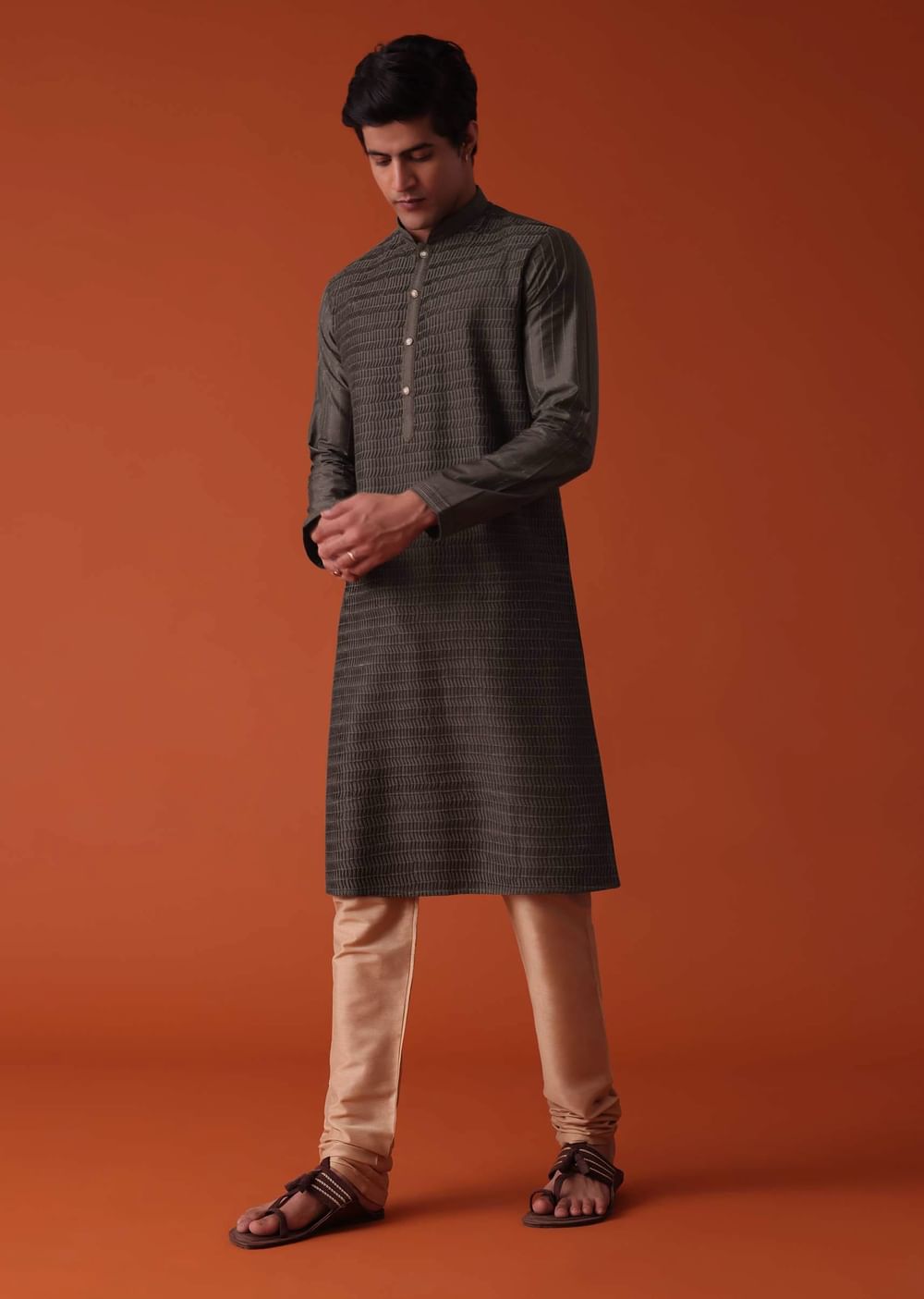 Charcoal Grey Kurta Set In Art Silk With Heavy Pleating