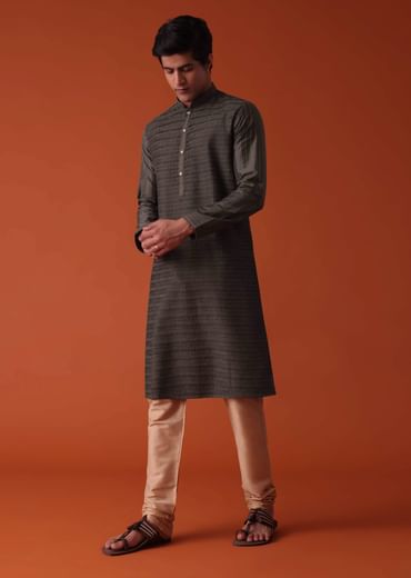 Charcoal Grey Kurta Set In Art Silk With Heavy Pleating