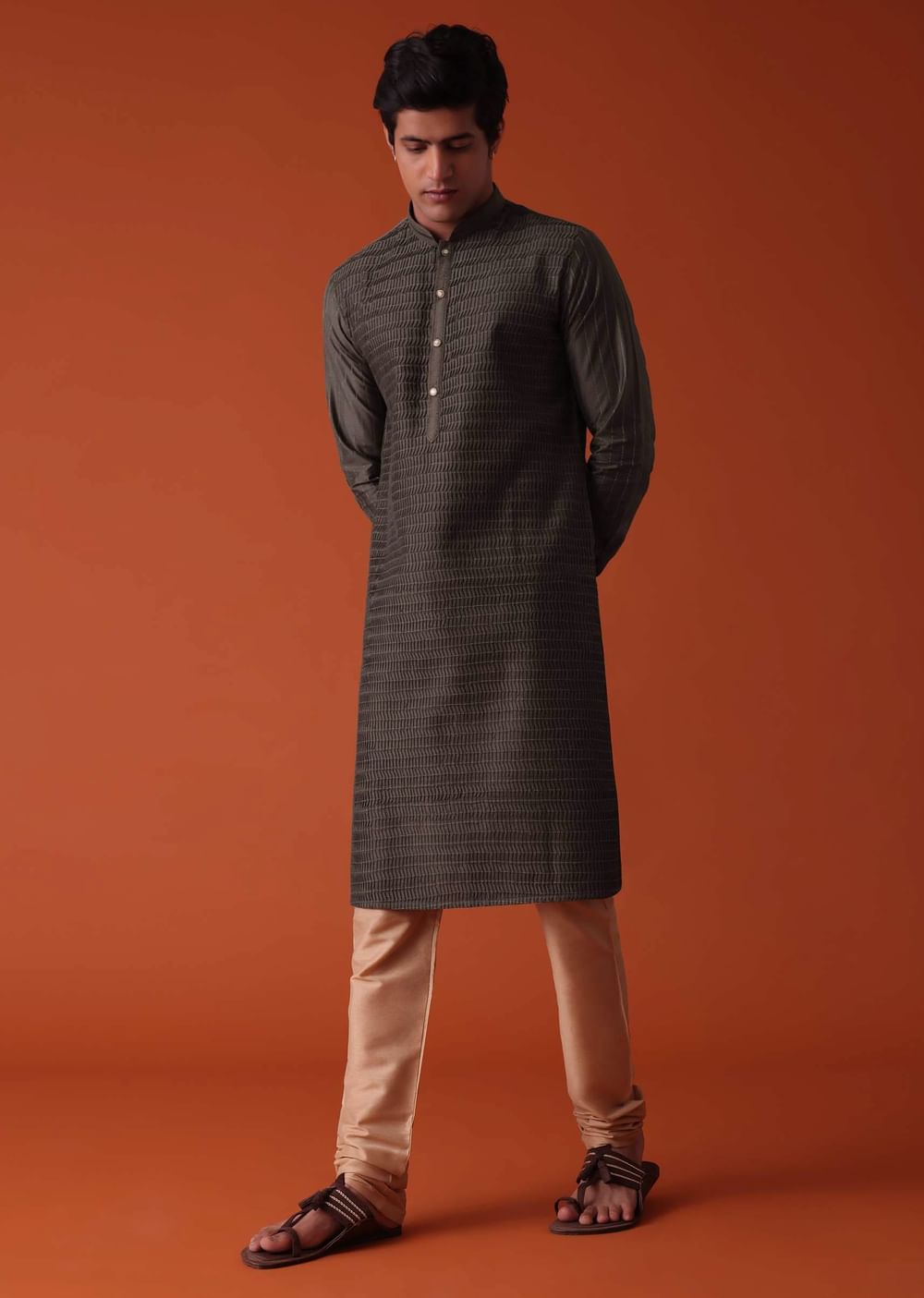 Charcoal Grey Kurta Set In Art Silk With Heavy Pleating