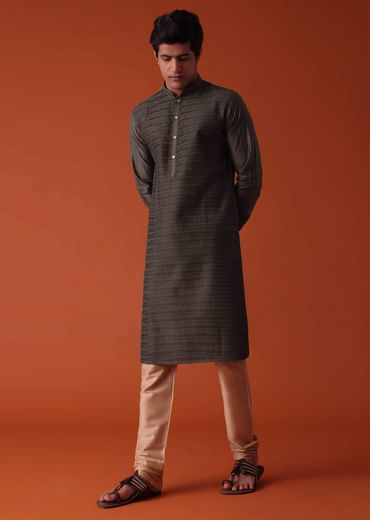 Charcoal Grey Kurta Set In Art Silk With Heavy Pleating